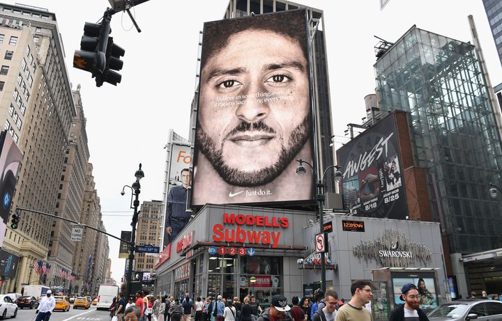 A Nike ad featuring Colin Kaepernick is seen on Sept. 8 in New York City.