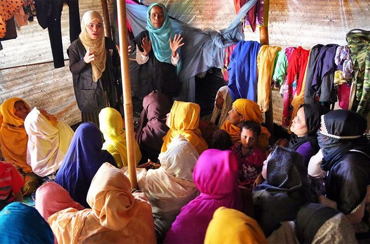 An information session for Rohingya women living in camps in Bangladesh after fleeing Myanmar