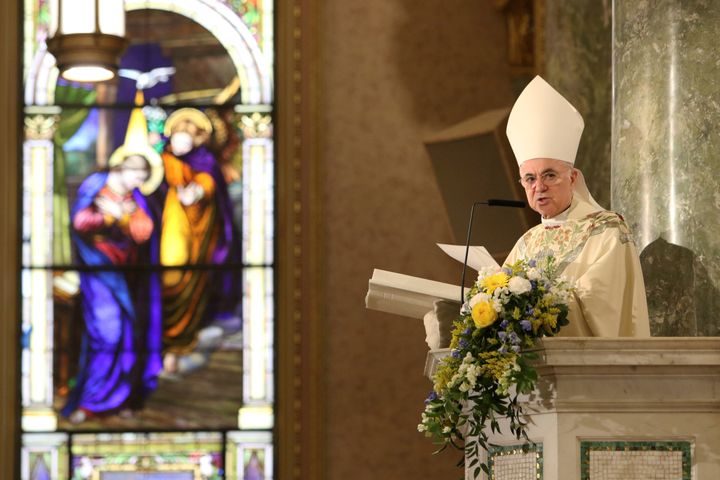 Archbishop Carlo Maria Vigano speaks at an ordination in Brooklyn, New York, on July 20, 2015