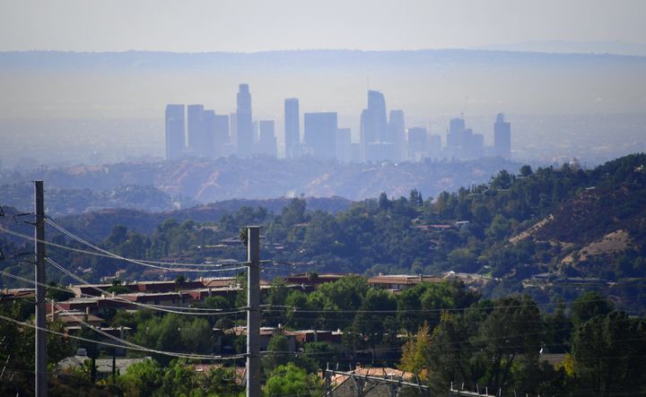 A layer of pollution can be seen hovering over Los Angeles, California on October 17, 2017, where even though air quality has improved in recent decades, smog levels remain among the nations's worst, with wildfires in the region also contributing to poor air quality. 