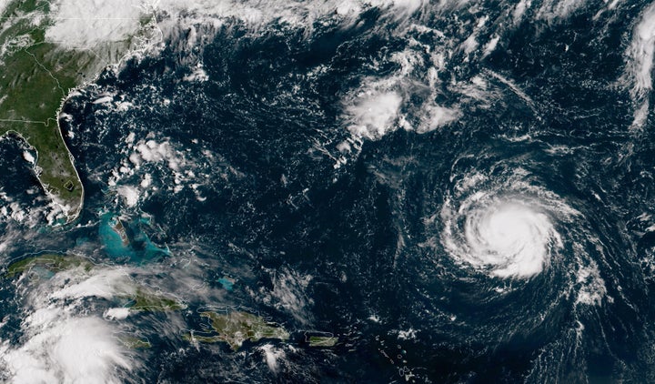 Hurricane Florence is seen as it travels west and gains strength in the Atlantic Ocean southeast of Bermuda on Monday.