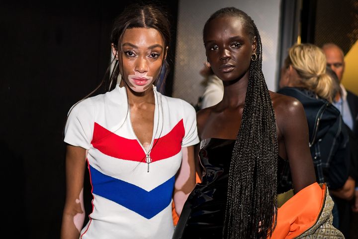 Winnie Harlow (left) and Duckie Thot pose backstage Sunday after the Prabal Gurung show during New York Fashion Week.