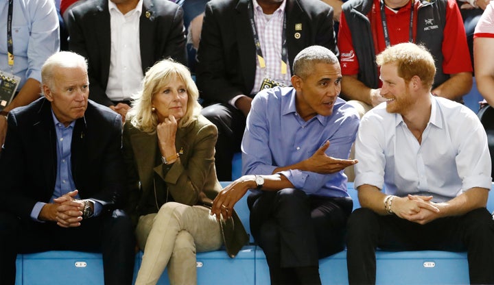 Former Vice President Joe Biden; his wife, Jill Biden; former President Barack Obama; and Prince Harry at the Invictus Games in Toronto on Sept. 29, 2017. 