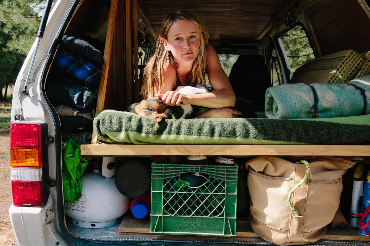 Laura Quinn in her van home in the Coconino National Forest outside Flagstaff, Arizona. 