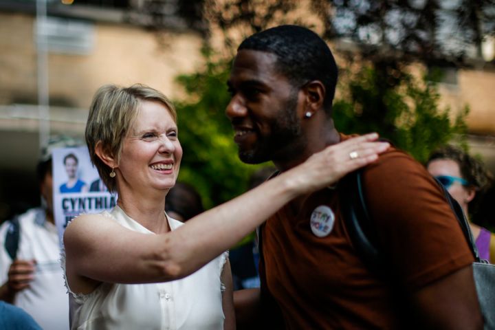 New York gubernatorial candidate Cynthia Nixon greets New York City Council member Jumaane Williams at a rally for universal rent control in Brooklyn on Aug. 16.