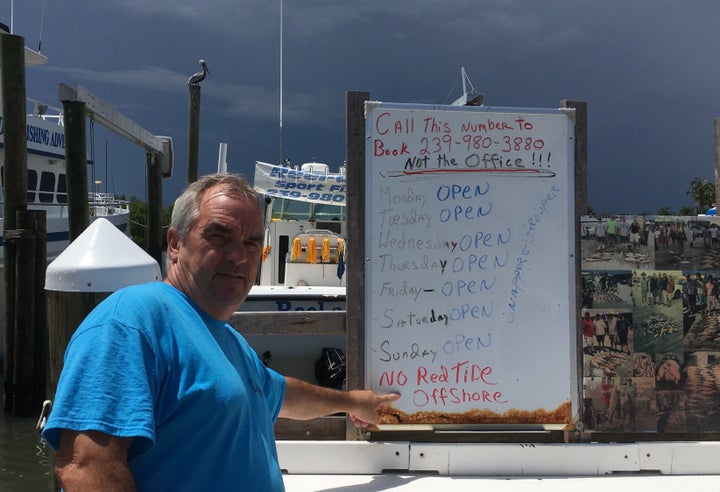 Fishing guide Larry Conley has not had a charter in weeks because of the convergence of toxic blue-green algae from Lake Okeechobee and the red tide afflicting Florida's Gulf Coast.