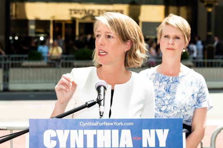 Zephyr Teachout, candidate for the position of Attorney General, addresses Cynthia Nixon on August 8, when both