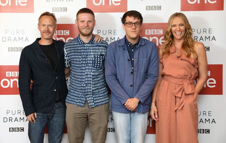 Nick Payne poses with director Luke Snellin and actors Stephen Mackintosh and Toni Collette