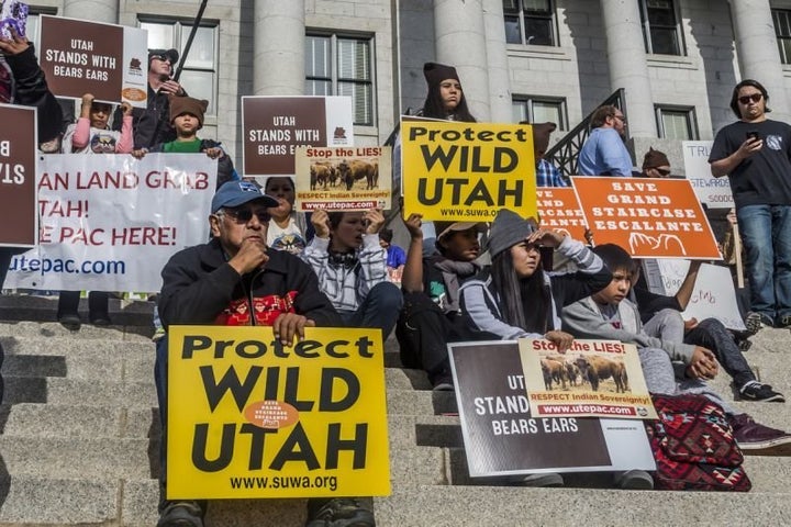 At the Utah State Capitol, protesters demonstrate against President Trump’s plan to shrink protected areas across the c