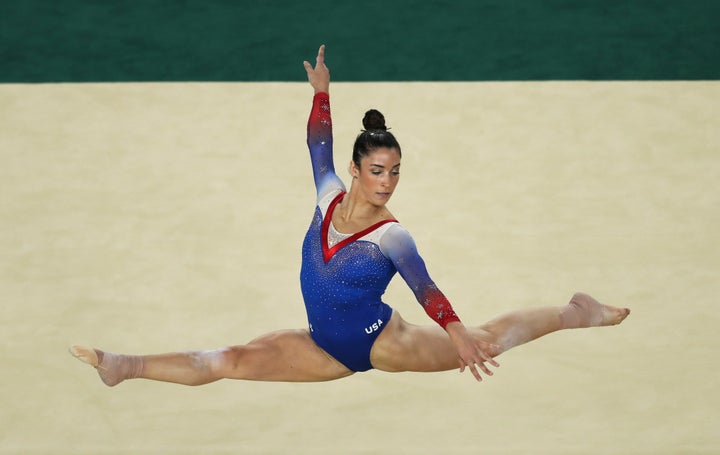 Raisman competing in the floor exercise final at the Rio de Janeiro Olympics in 2016. She took home silver.