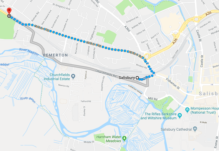 The route the two men took with Salisbury Cathedral shown in the bottom-right corner.