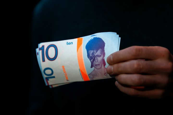 A note worth 10 Brixton pounds, an alternative currency in London, is illustrated with an image of David Bowie.
