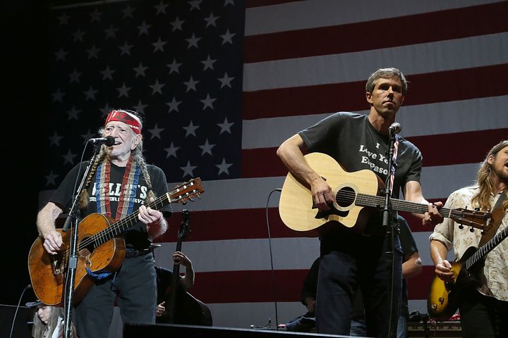 Willie Nelson (L) and Beto O'Rourke perform in concert at Willie Nelson's 45th 4th Of July Picnic at the Austin360 Amphitheater on July 4, 2018.