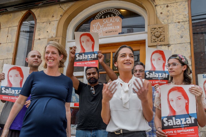 Julia Salazar (in the white shirt) won the Democratic nomination for the New York state Senate's 18th district -- a major upset against 16-year incumbent Martin Dilan.