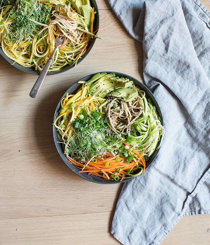 Cold Soba Noodle Salad With Raw Veggie Noodles And A Spicy Sunflower Seed Sauce