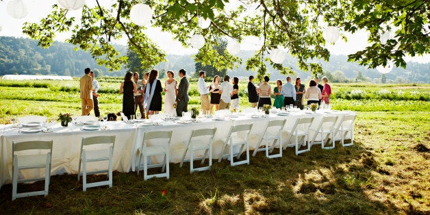 Wedding party having appetizers and drinks beside banquet table in field under tree