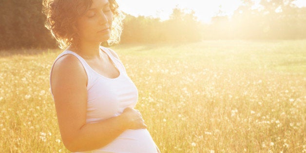 Pregnant woman standing in countryside