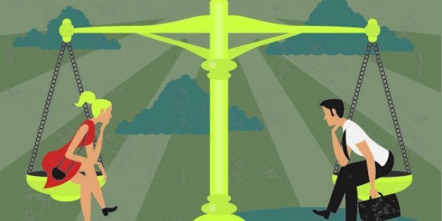 Illustration of a man and one woman thinking on a balance in a concept of gender equality. The grunge texture is removable from the background.