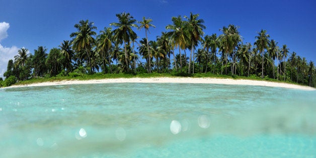 Palm-fringed tropical beach with white sand and crystal clear blue water in the Mentawai Islands, shot from the water with fisheye under/over perspective.