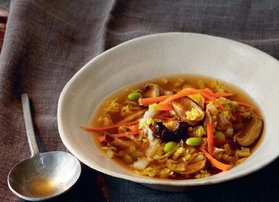 Upset Stomach? Try Our Ginger Shiitake Soup With Cabbage And Edamame Beans