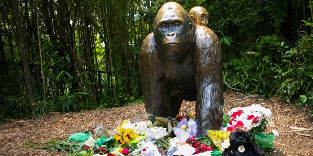 Flowers lay around a bronze statue of a gorilla and her baby outside the Cincinnati Zoo's Gorilla World exhibit, two days after a boy tumbled into its moat and officials were forced to kill Harambe, a Western lowland gorilla, in Cincinnati, Ohio, U.S. May 30, 2016. REUTERS/William Philpott