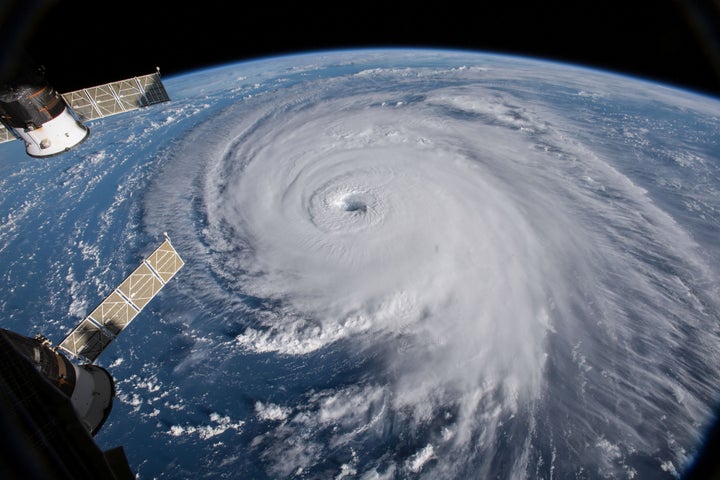 A view of Hurricane Florence churning in the Atlantic Ocean on Wednesday as it heads for the East Coast. The view is from the International Space Station.