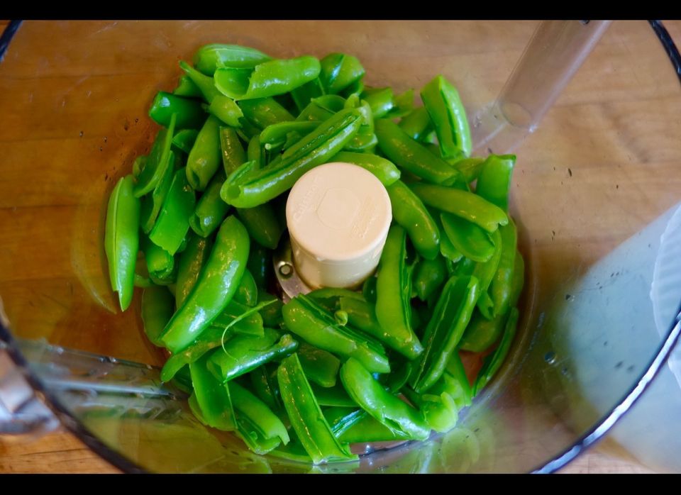 Sugar snap pea pods, blanched and ready to be pureed