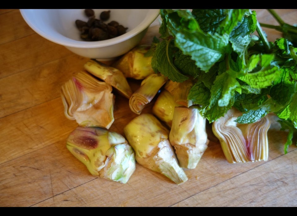 Violet artichokes, trimmed; mint; capers