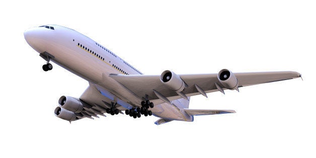 Airplane in close-up landing isolated Moving Up and High Angle side View