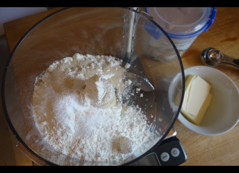 Dry ingredients in the food processor; butter at the ready