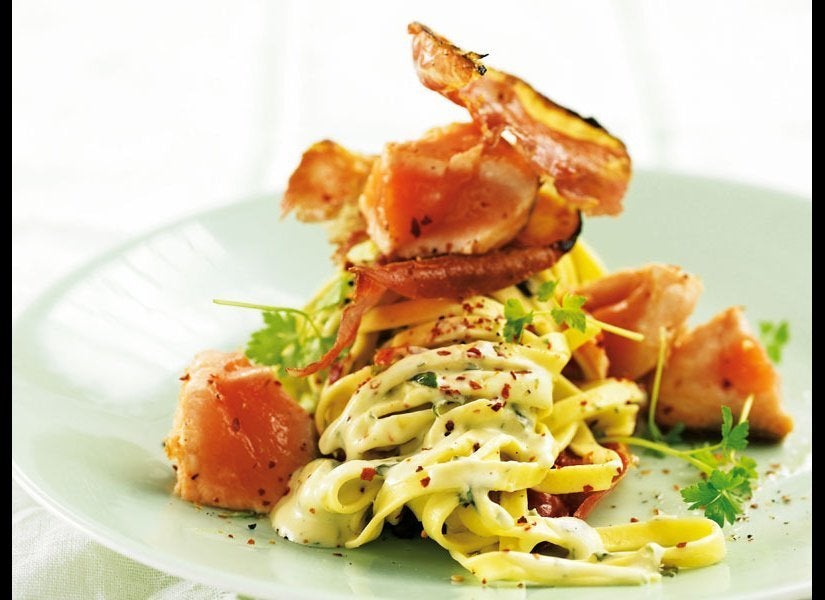 Salmon And Prosciutto Tossed In Lemon-Creamed Tagliatelle