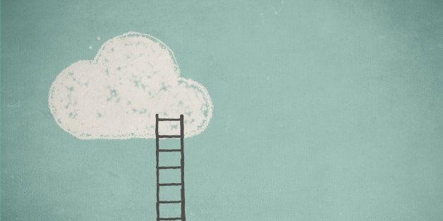 Simple drawing of a cloud and a ladder against a turquoise sky.