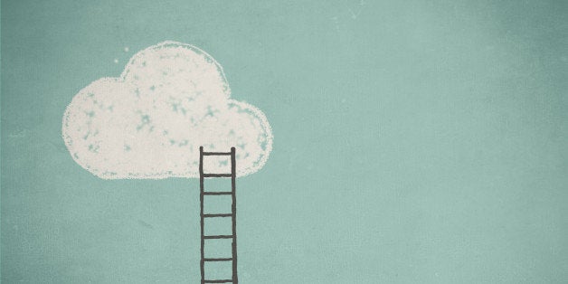 Simple drawing of a cloud and a ladder against a turquoise sky.