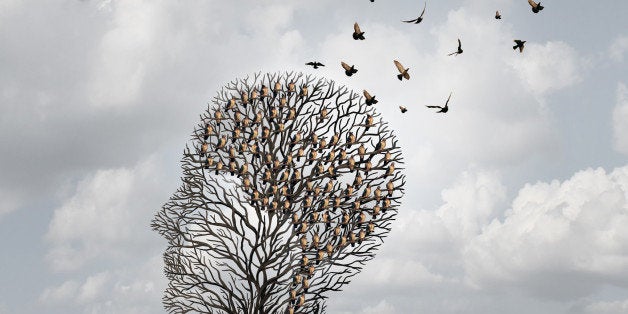Memory loss concept and Alzheimer patient surreal symbol as a medical mental health care concept with an empty head shaped tree and a group of birds shaped as a brain for neurology and dementia or losing intelligence.