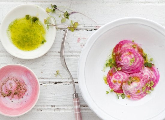 Raw Striped-Beet Ravioli With Herb And Goat Cheese Filling