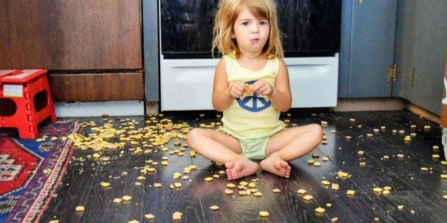 Toddler spills a snack all over the floor, but seems content to eat it anyways