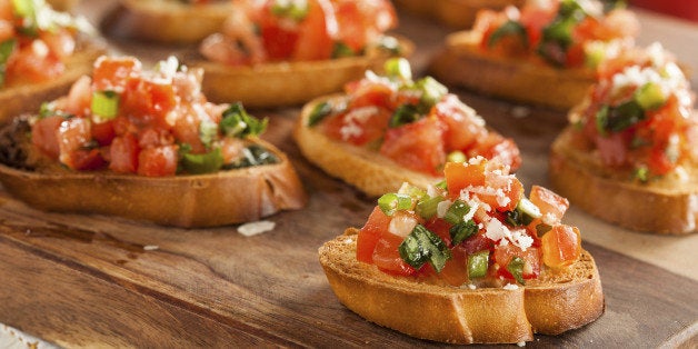 Homemade Italian Bruschetta Appetizer with Basil and Tomatoes