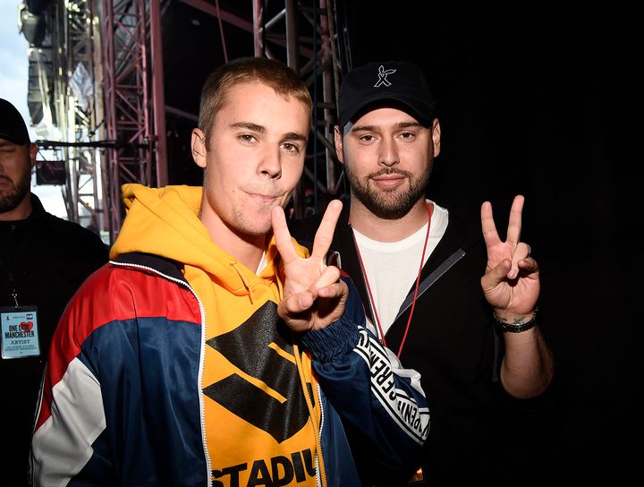 Justin and Scooter backstage at the One Love Manchester concert last year