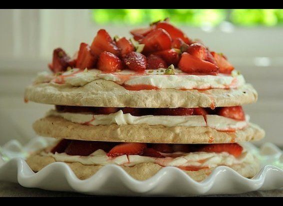 Pistachio Meringue Stack With Rose Cream And Strawberries