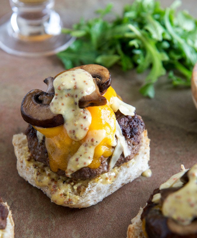 Burgers With Sautéed Mushrooms, Arugula And Dijon Aioli