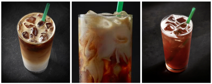 Left to right: The Iced Vanilla Bean Coconutmilk Latte, Doubleshot on ice and Teavana Shaken Peach Citrus White Tea Infusion Lemonade can all be in your future.<i></i>