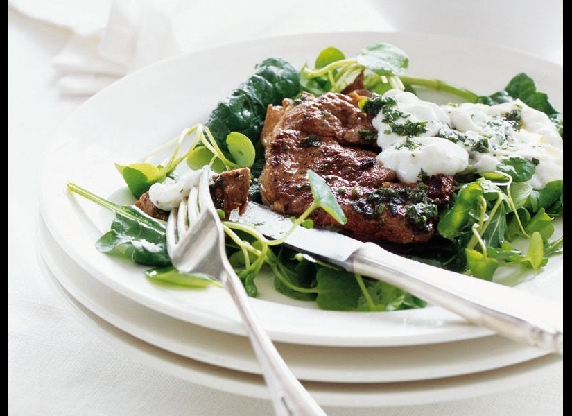 Mini Lamb Steaks With Lemony Greens And Garlicky Yogurt