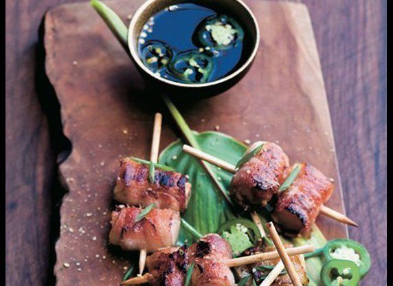 Bacon-Wrapped Rice Cakes With A Jalapeno Ponzu