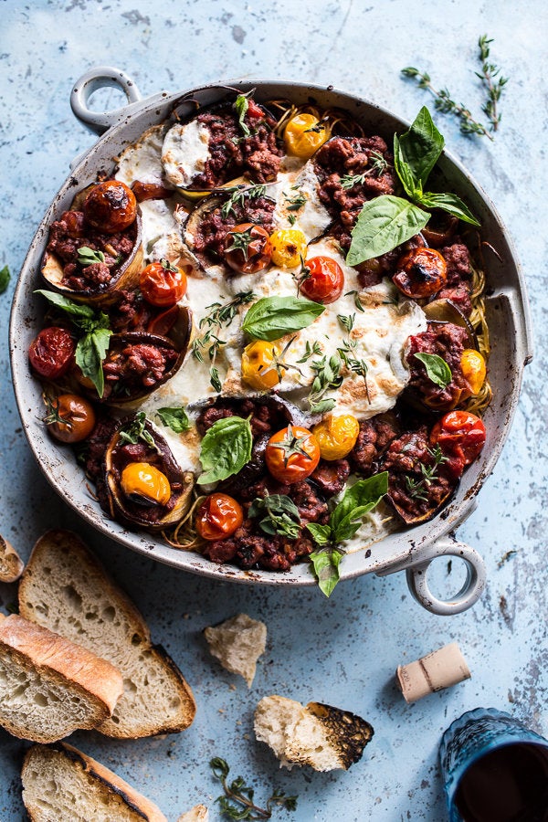 Italian Turkey and Tomato Basil Eggplant Roll Pasta Bake