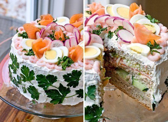 Salmon, Egg And Shrimp Sandwich Cake