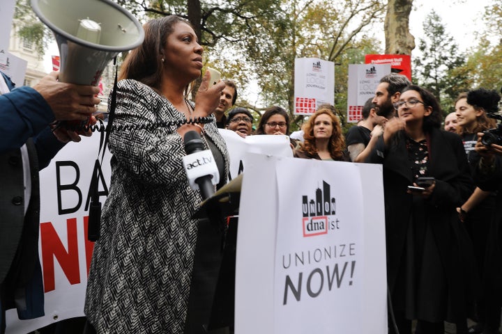 Letitia "Tish" James speaks at a rally in Manhattan for unionized journalists in November 2017.