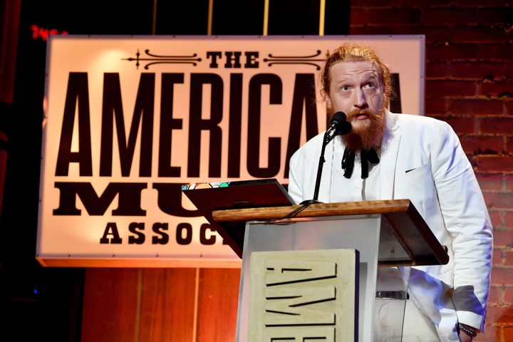 Tyler Childers receives an award at the 2018 Americana Music Awards at the Ryman Auditorium in Nashville on Wednesday.