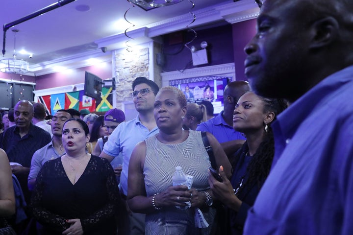 Supporters watched the results of the New York Democratic primary race at candidate Cynthia Nixon's election night watch party.