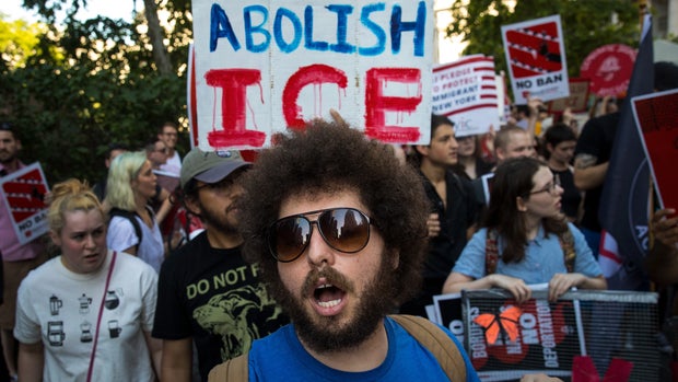 NEW YORK, NY - JUNE 29: Activists march and rally against Immigration and Customs Enforcement (ICE) and the Trump administration's immigration policies, outside of the ICE offices in Federal Plaza, June 29, 2018 in New York City. The rally was organized by the Democratic Socialists of America and they are calling for the full abolition of ICE. Earlier this week, Sen. Kirsten Gillibrand (D-NY) became the first sitting senator to advocate for the elimination of ICE. (Photo by Drew Angerer/Getty Images)