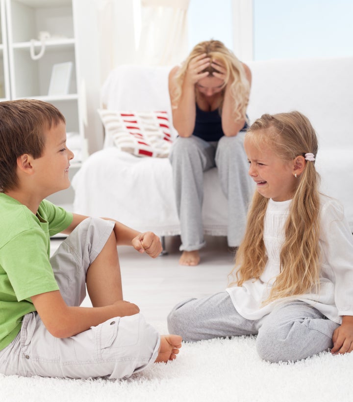 Kids having a quarrel and fight - tough parenthood concept